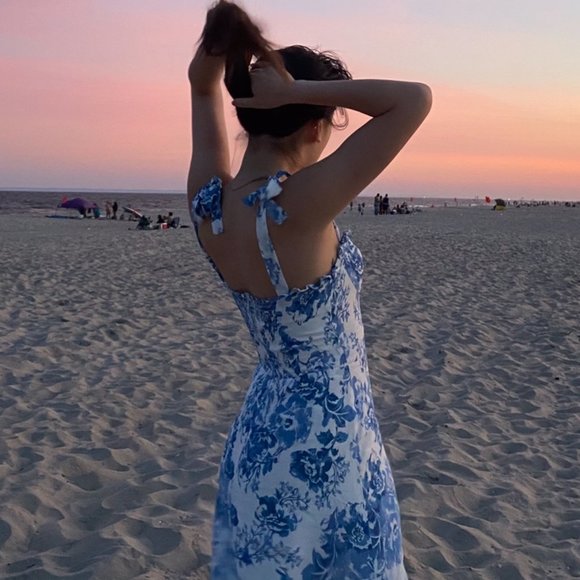 REFORMATION Nikita Olympia Blue & White Floral Toile Midi Dress Long Ruffle 4/S - Picture 11 of 16